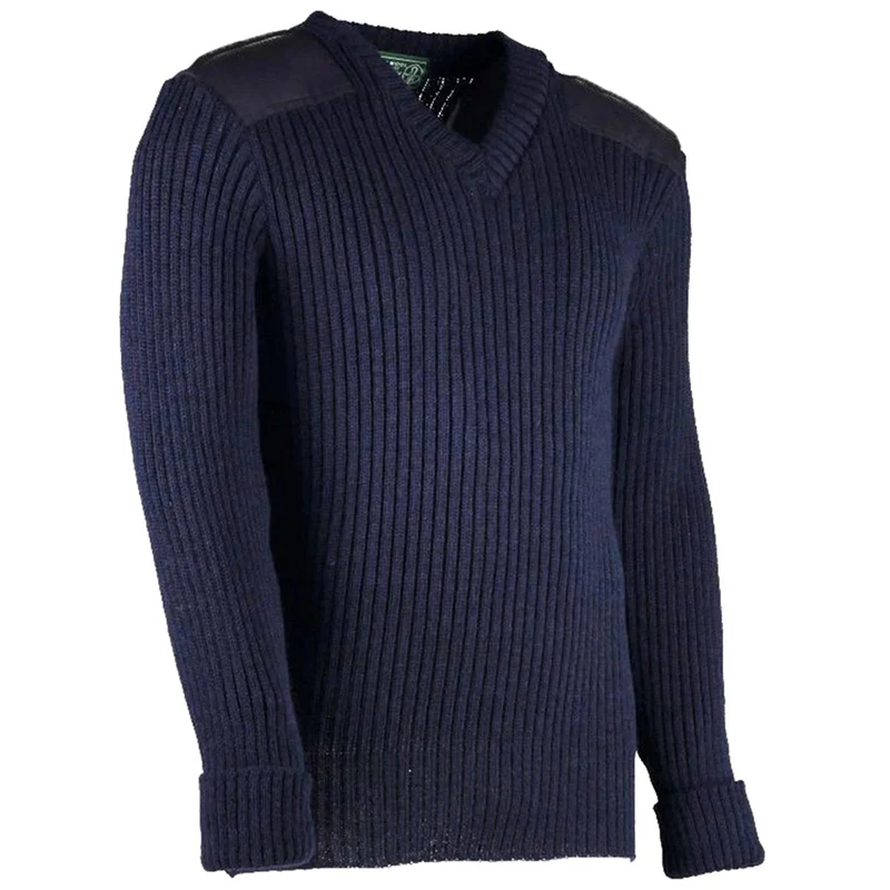 V-Neck Woolly Pully Army Jumper with Patches / Epaulettes Navy