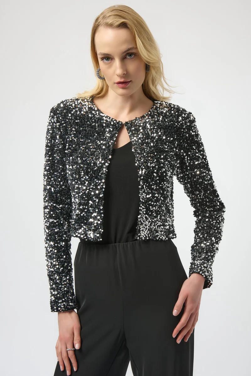 Joseph Ribkoff Sequined Velvet Cropped Cover Up 254930 - Black/ Silver