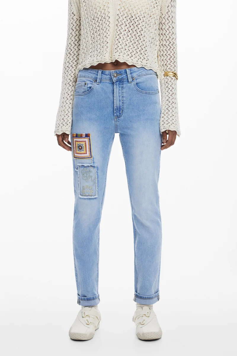 Desigual Slim Jeans With Patches - Washed Denim