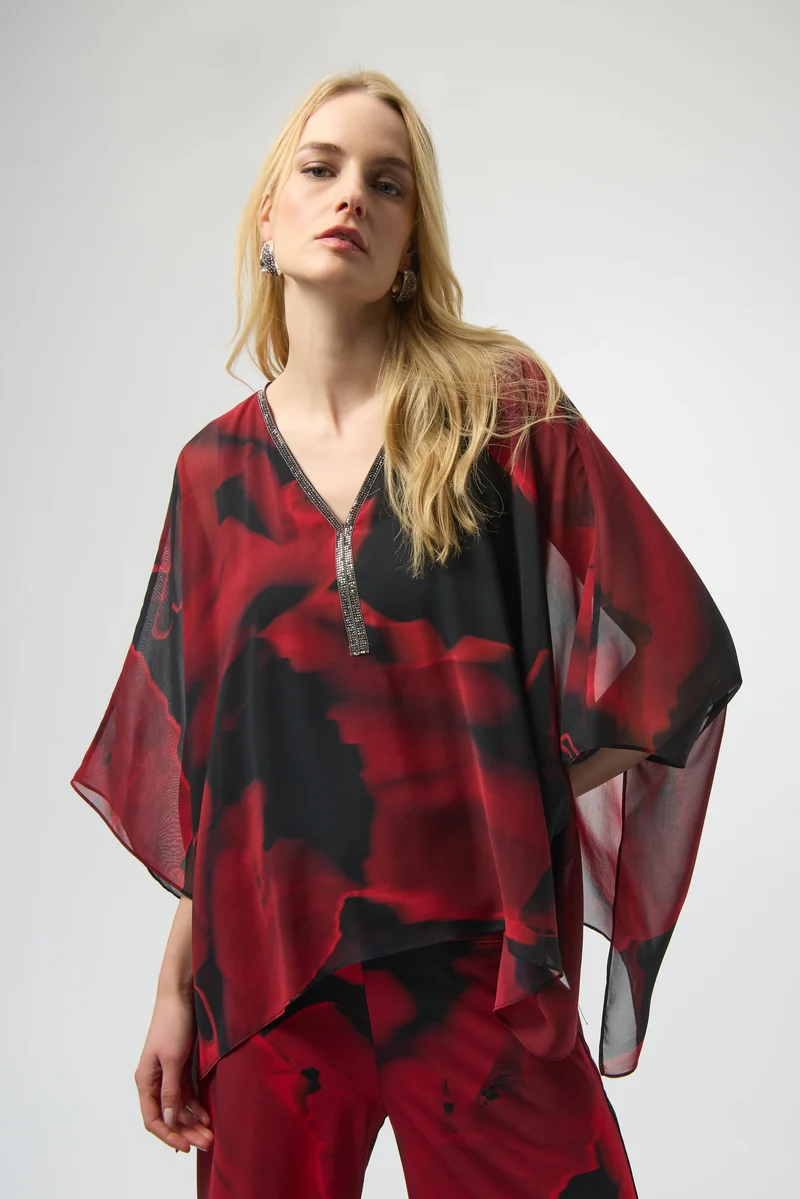 Joseph Ribkoff Chiffon Abstract Print Poncho Top 254090 - Black/ Red