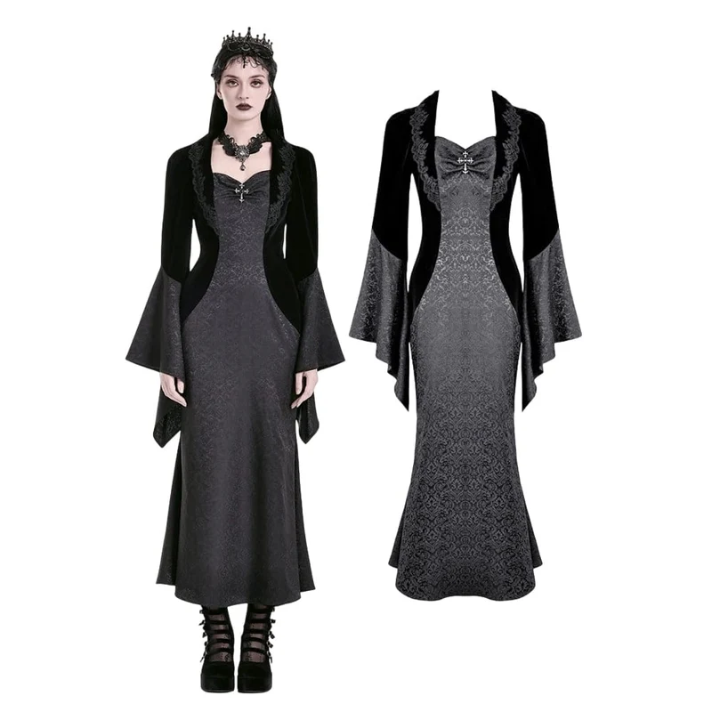 Damklänning med gotisk korsdekor och långärmad sammet, splice jacquard