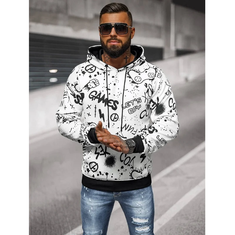 Vit Hoodie Herr - Polyester Huvtröja med Attityd - Utförsäljning
