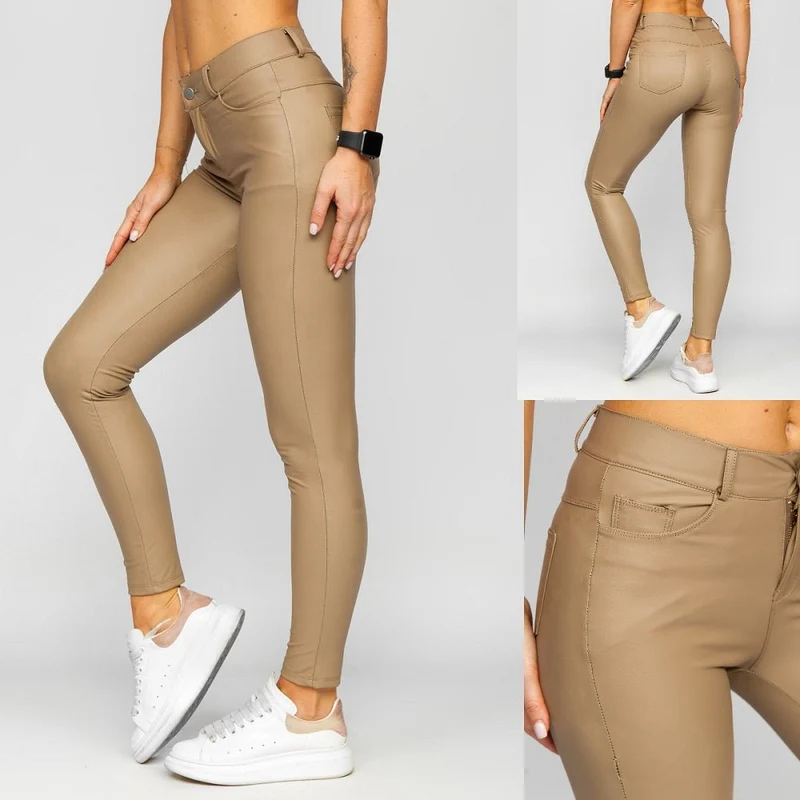 Stilfulla Beige Läderimitations leggings - Utförsäljning
