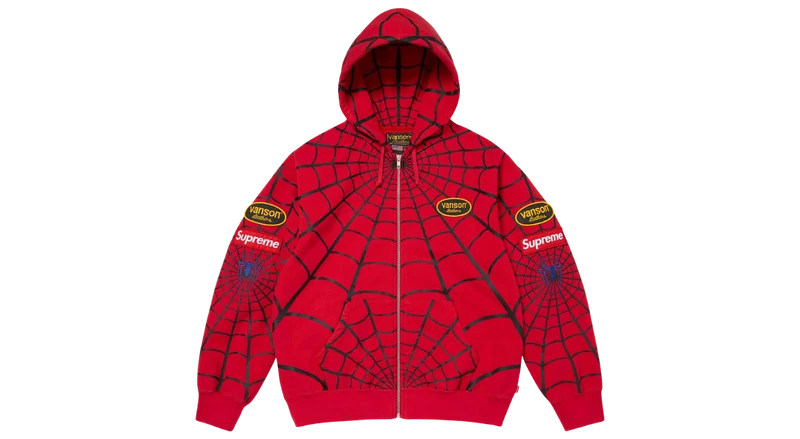 Supreme Vanson Leathers Spiderman Zip Up Hooded Sweatshirt Red