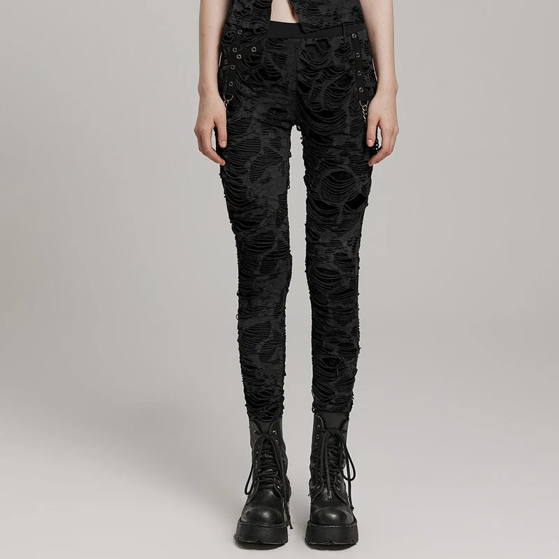 Kvinnors Punk Ripped Eyelet Chain Leggings