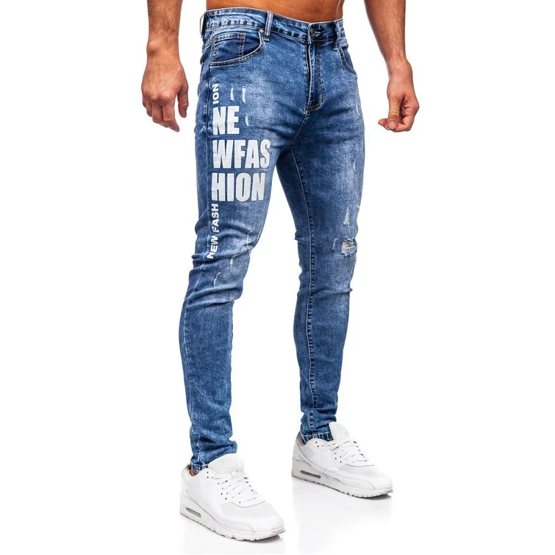 Herrjeans med Tryck - Blåa Slitna Slim Fit