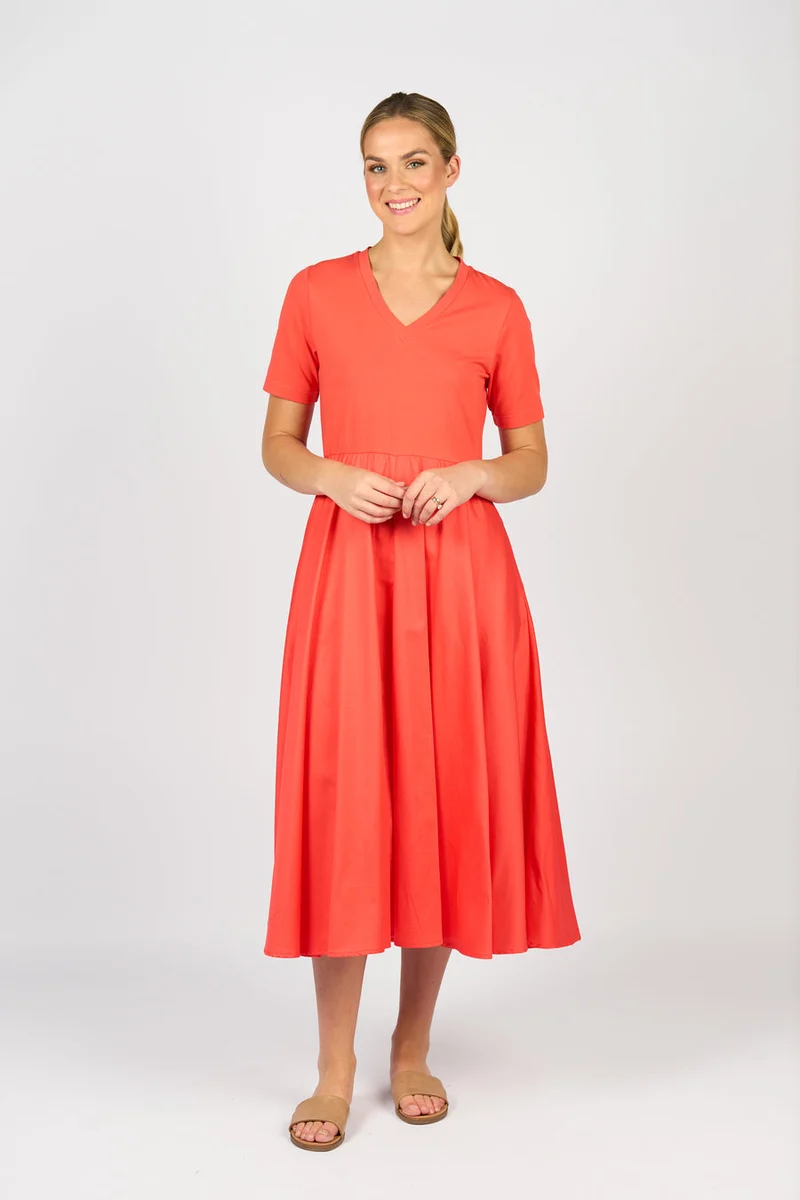 T shirt dress with woven skirt and pockets
