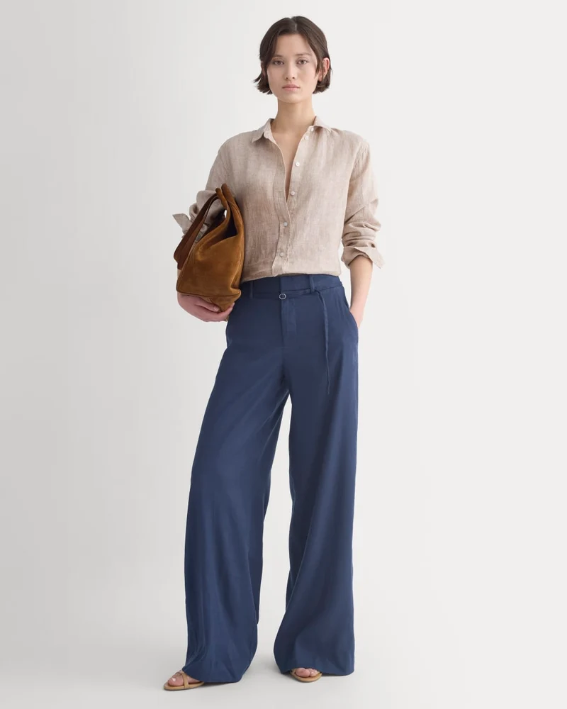 Wide-Leg Belted Pant in Stretch Linen | Navy | Long