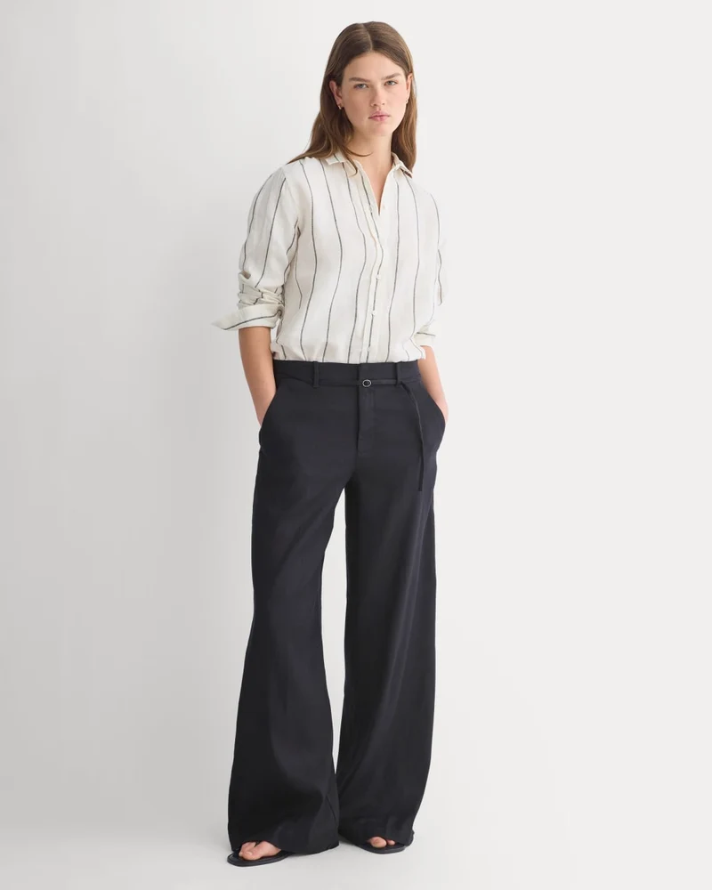 Wide-Leg Belted Pant in Stretch Linen | Black | Regular