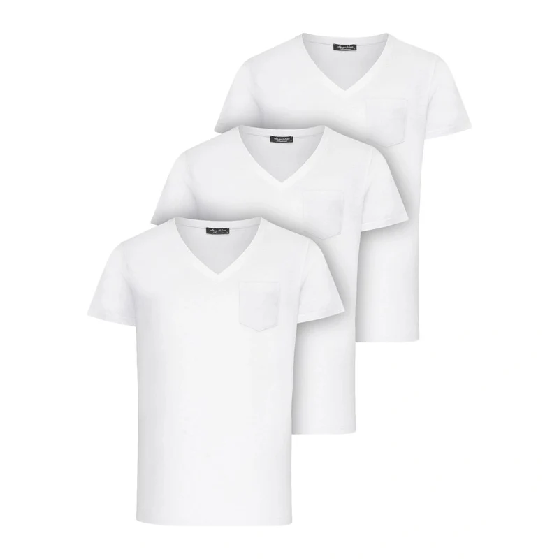 3-Pack Vita T-Shirts Herr – V-neck med Bröstficka | Amaci & Sons