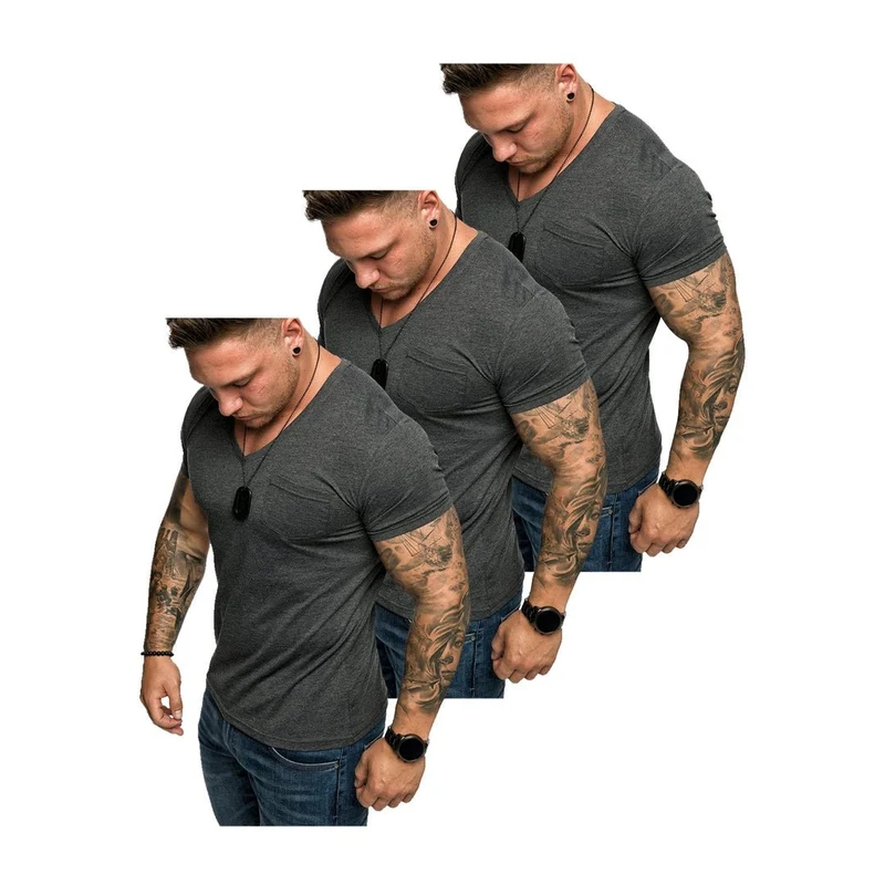 3-Pack T-Shirts Herr Mörkgrå – V-neck med Bröstficka | Amaci & Sons