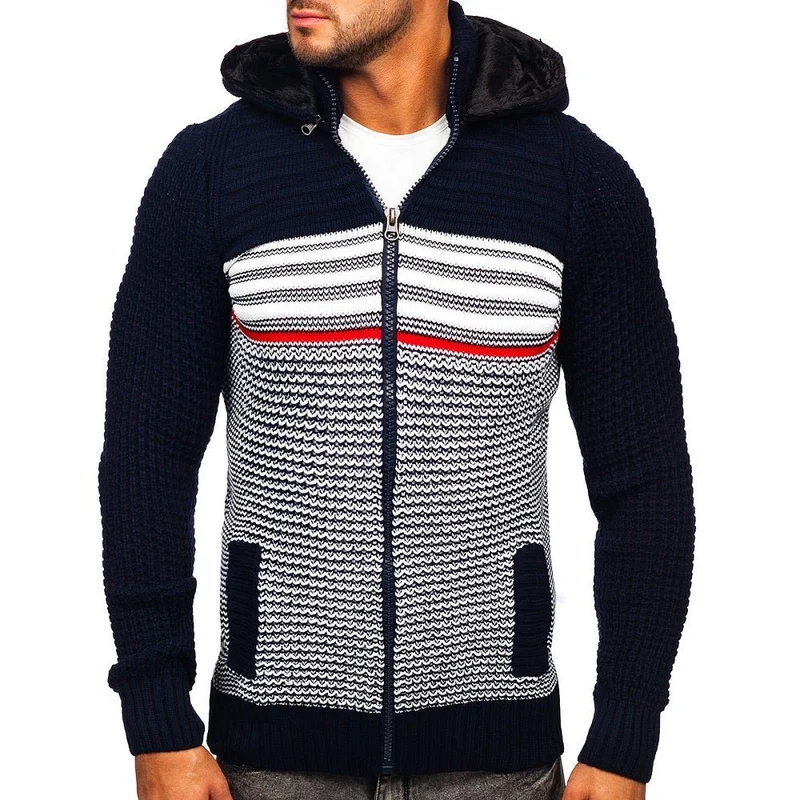 Mörkblå Zip Hoodie - Stickad Luvtröja - Utförsäljning