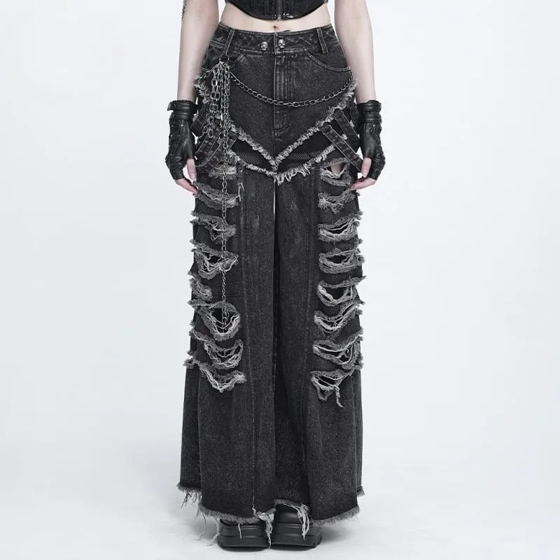 Damjeans med kedja och råa kanter i punk-modell