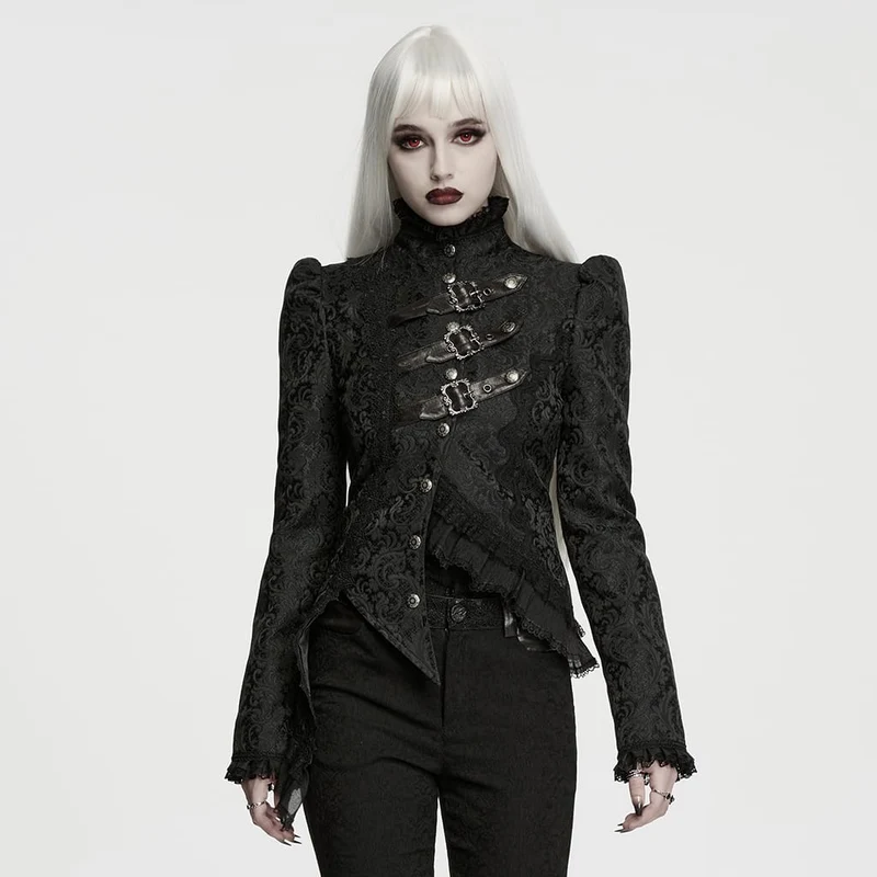 Damjacka med asymmetrisk spänne och långärmad jacquard i gotiskt material