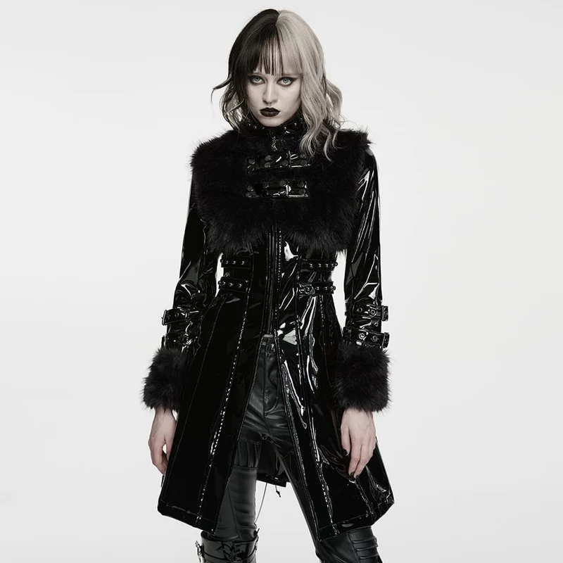 Dam Punk Stand Collar Fuskpälspanel Lackskinn Långjacka Svart