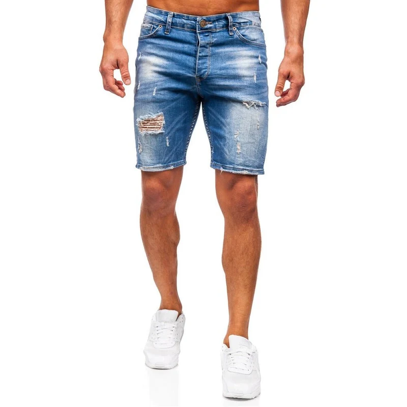 Blåa Jeansshorts - Slitna och Skuggade Herr