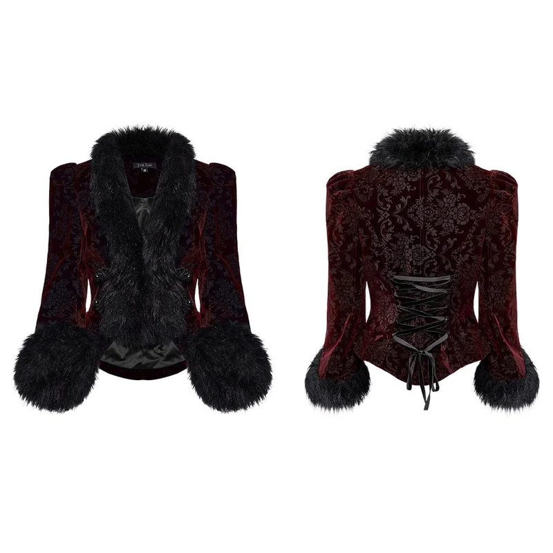 Gothic Plunging Faux Fur Splice Velvet Coat för kvinnor