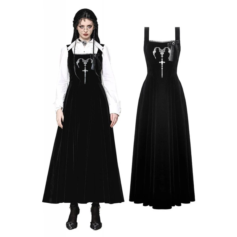Gothic Horned Broderad Slip-up Velvet Slip Dress för kvinnor