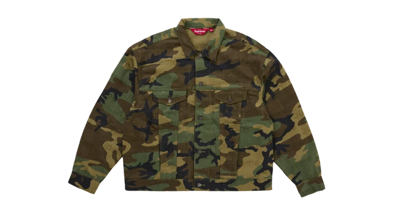 Supreme Jacquard Logos Denim Trucker Jacket Woodland Camo