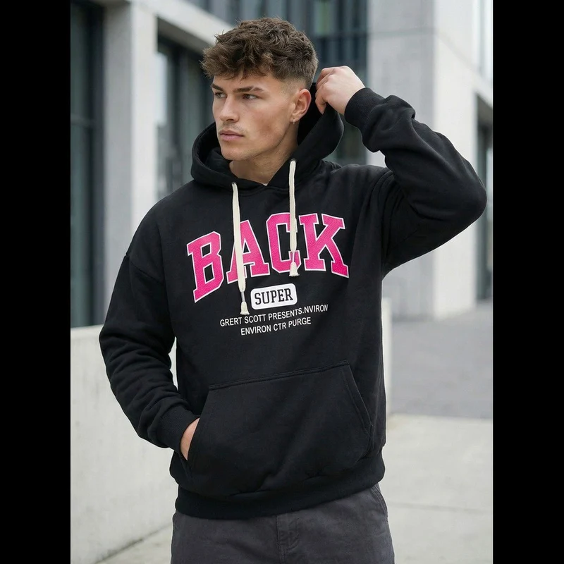 Svart Hoodie med Tryck - Luvtröja Herr