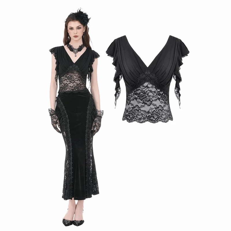 Gotisk blommig spets, lapptäcke, djupt draperad crop top för kvinnor
