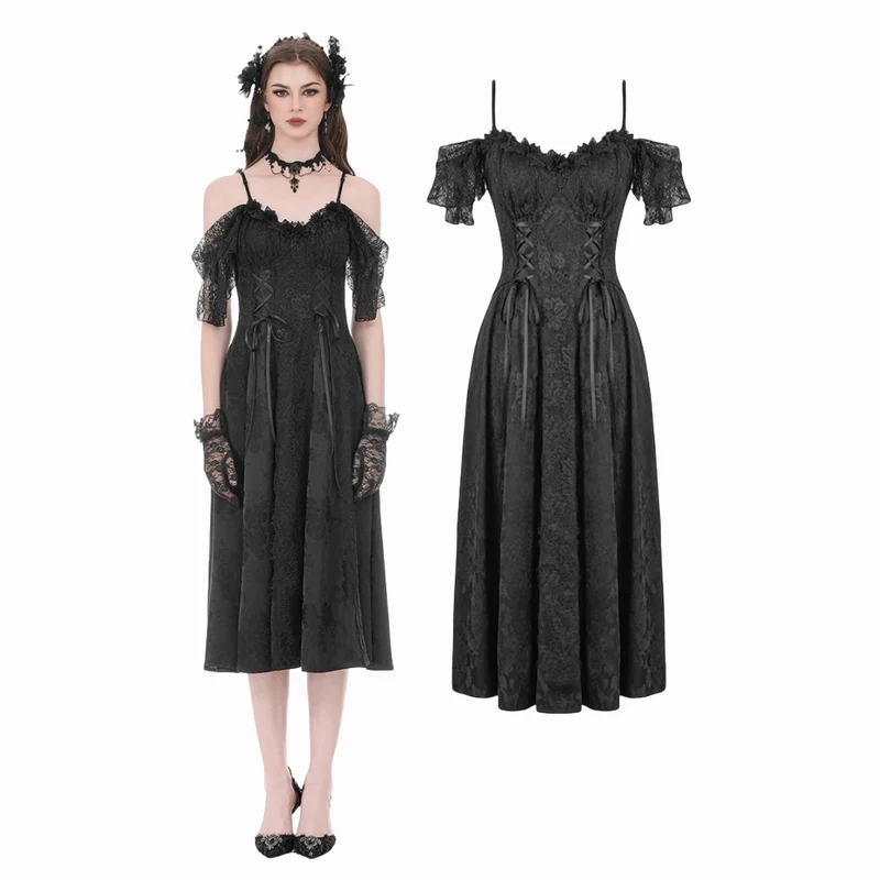 Damklänning med spets och bara axlar, gotisk jacquard, brudklänning