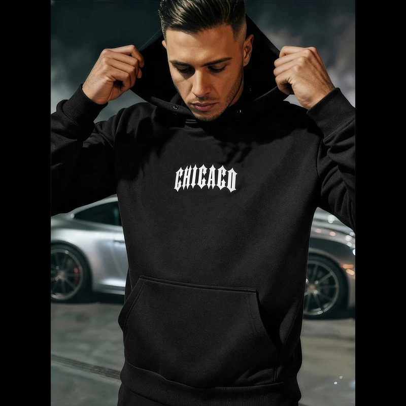 Svart hoodie herr - Chicago Street - Tryck fram & bak
