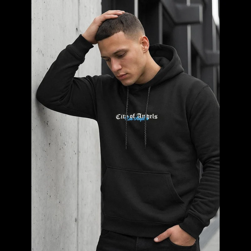 Svart hoodie herr - City of Angels - Tryck fram & bak