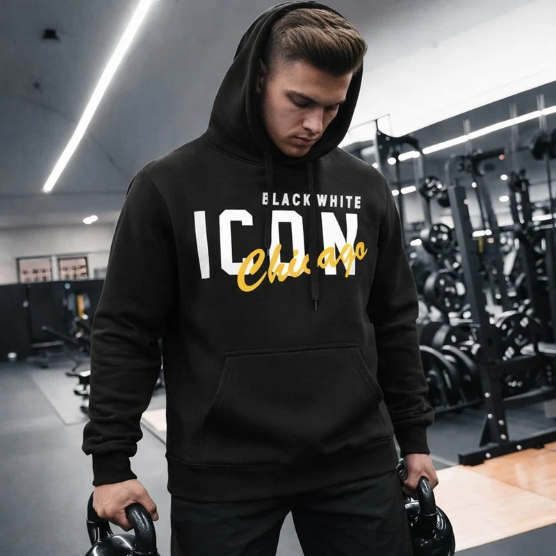 Herr hoodie med tryck – Svart hoodie med huva