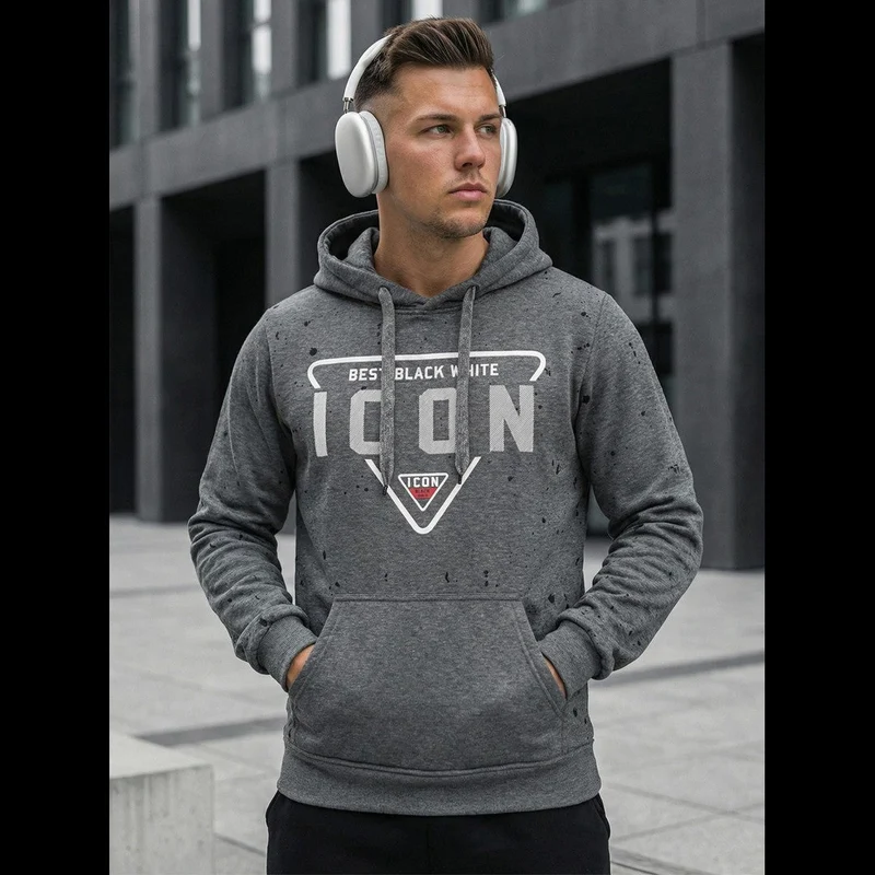 Hoodie Herr - Mörkgrå Tröja med Tryck & Känguruficka
