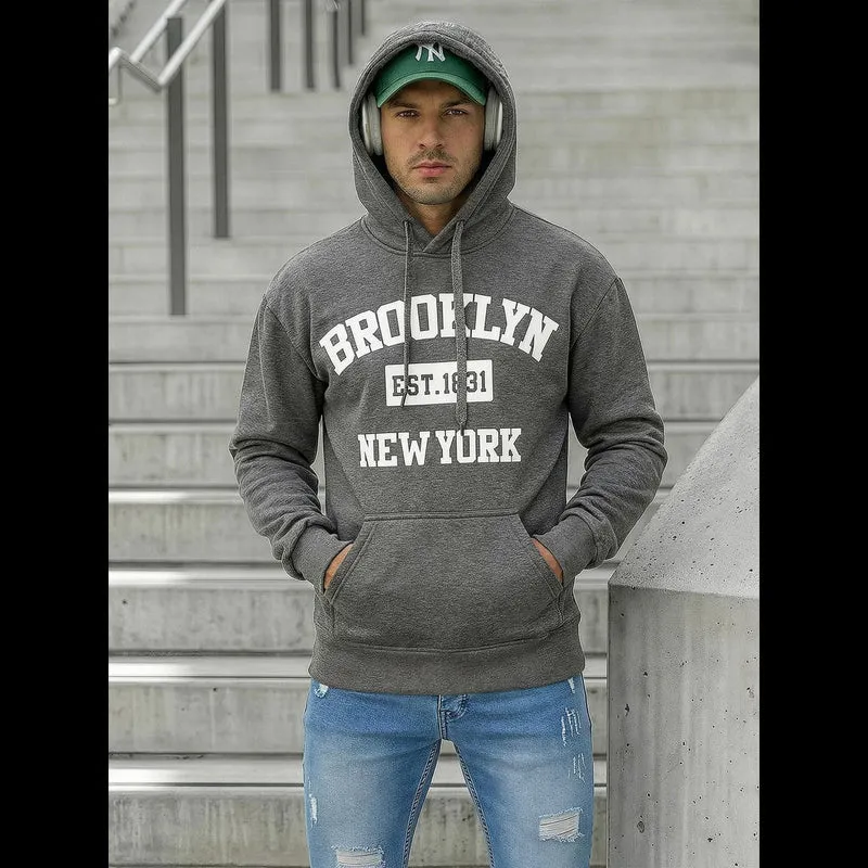Hoodie Herr Brooklyn – Grå Tröja med Tryck & Känguruficka