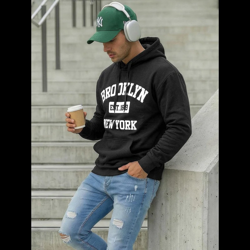 Svart hoodie herr - Brooklyn New York Est. 163 - Regular fit