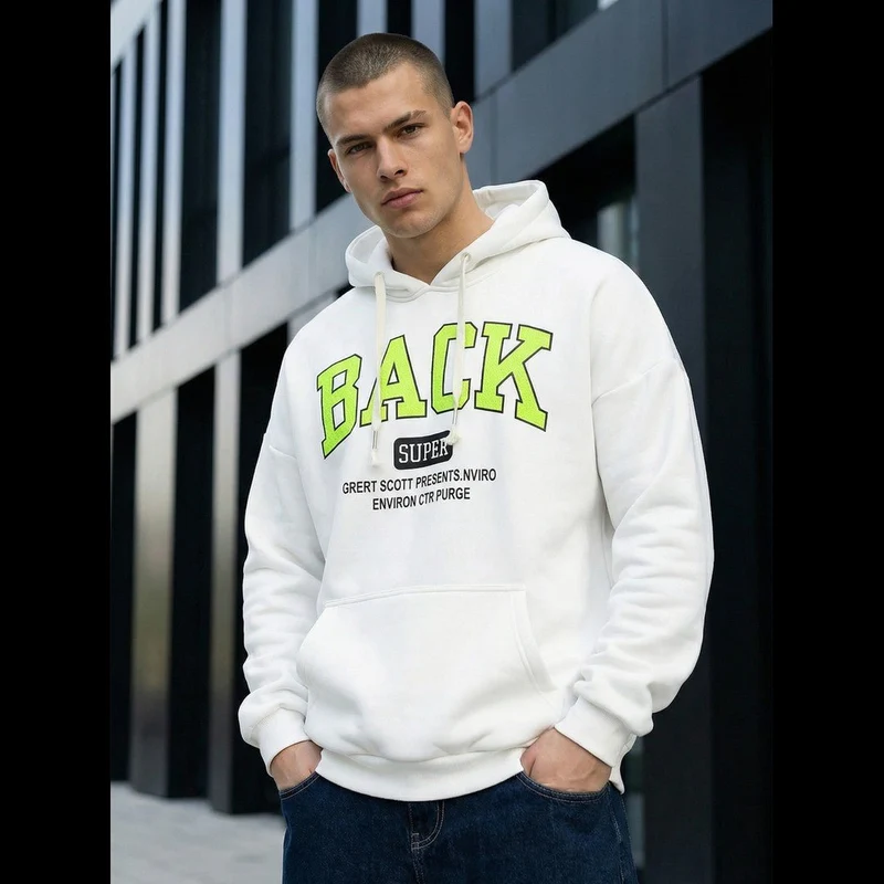 Trendig Hoodie med Tryck - Vit Herrtröja