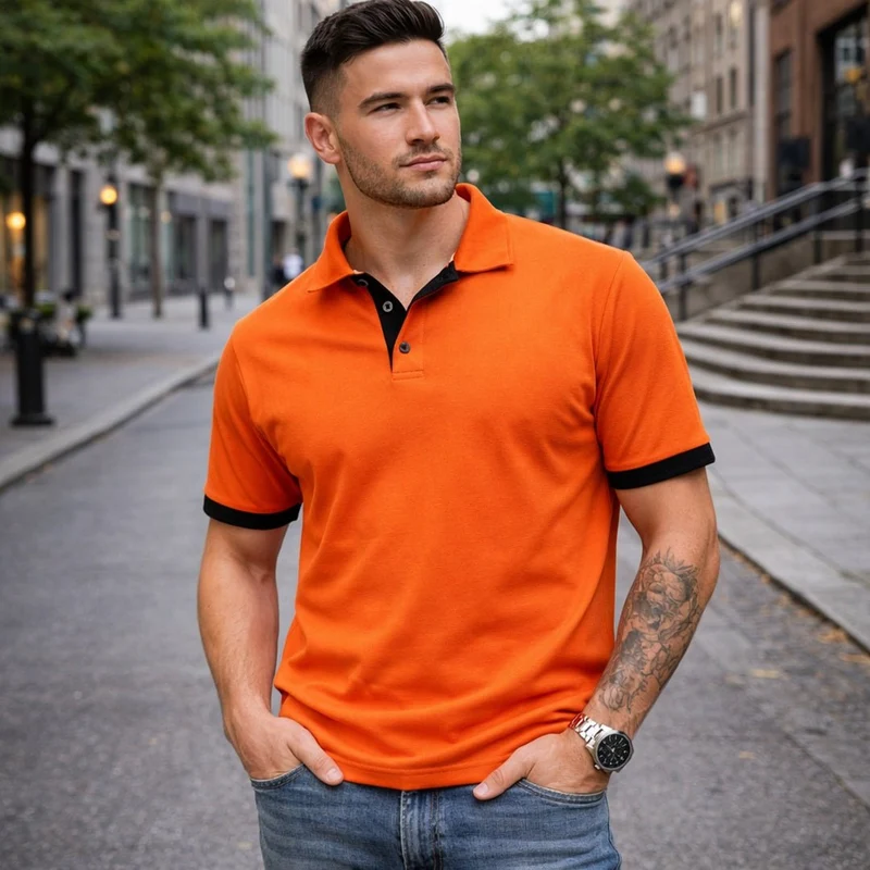 Herr Pikétröja - Orange kortärmad Piké Amaci & Sons
