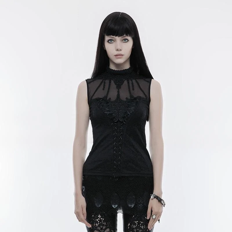 Gothic Floral Jacquard Mesh Colorblock ärmlösa toppar för kvinnor