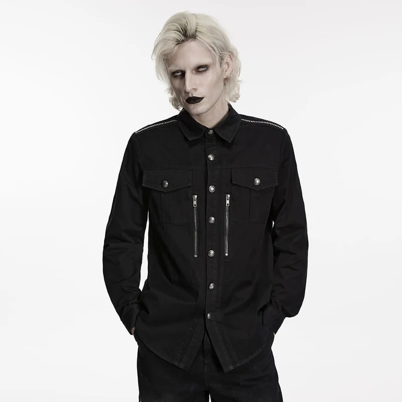 Herrskjorta med långärmad krage och punk-dragkedja