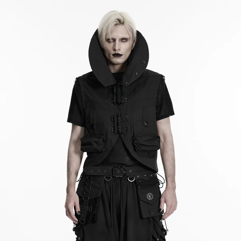 Herr Punk Väst med Patch Fickor och Konvertibel Krage, Svart