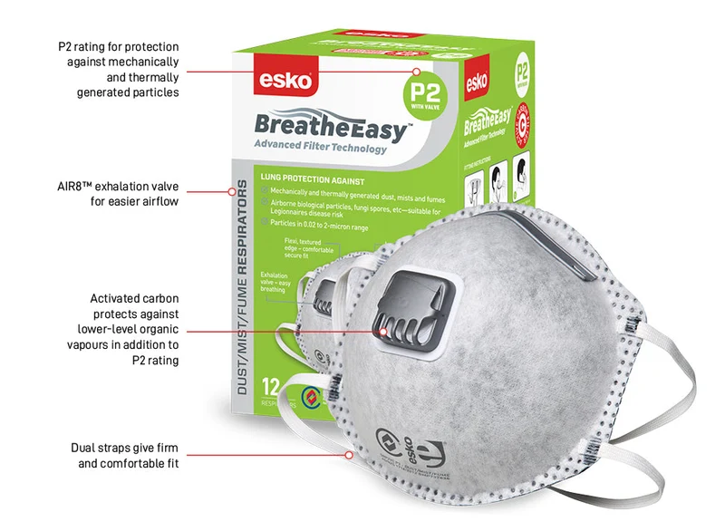 Breathe Easy Dust mask P2, with Active Carbon Filter and exhalation valve, 12 box