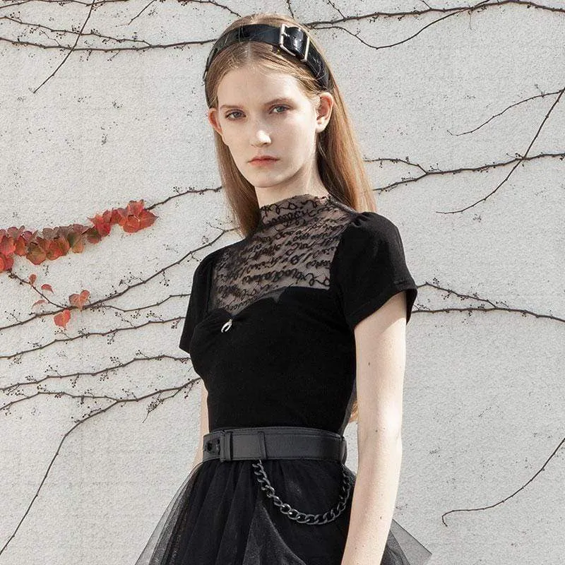 Goth kortärmade svarta spetsöverdelar för kvinnor