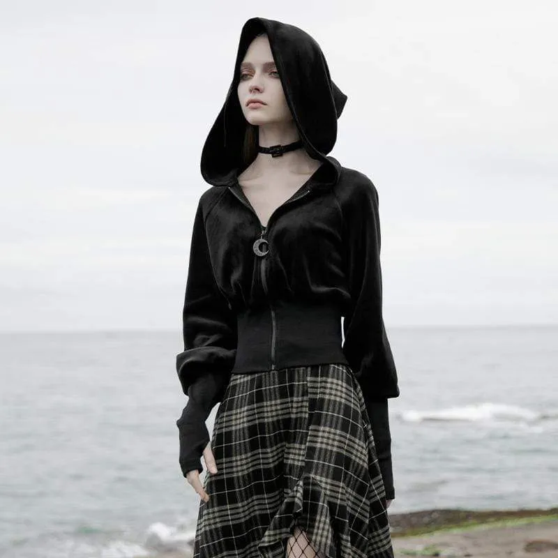 Grunge Witch Hood Mitt Jackor med dragkedja för kvinnor