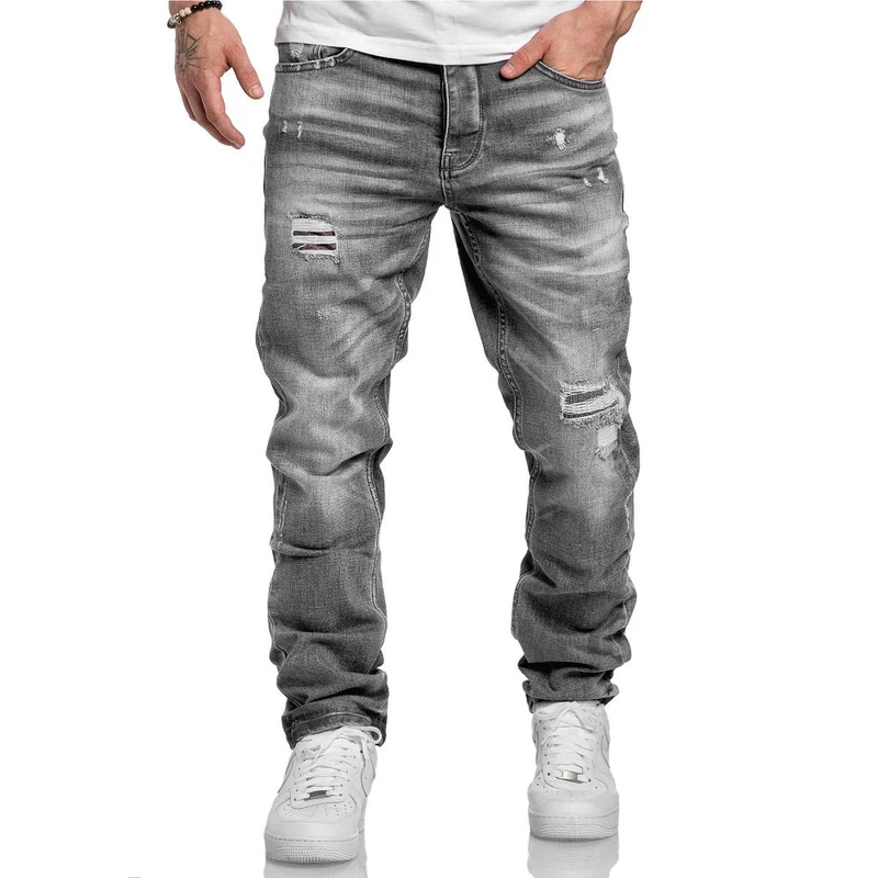 Jeans Herr Destroyed Regular Straight Fit Denim Stretch gråa