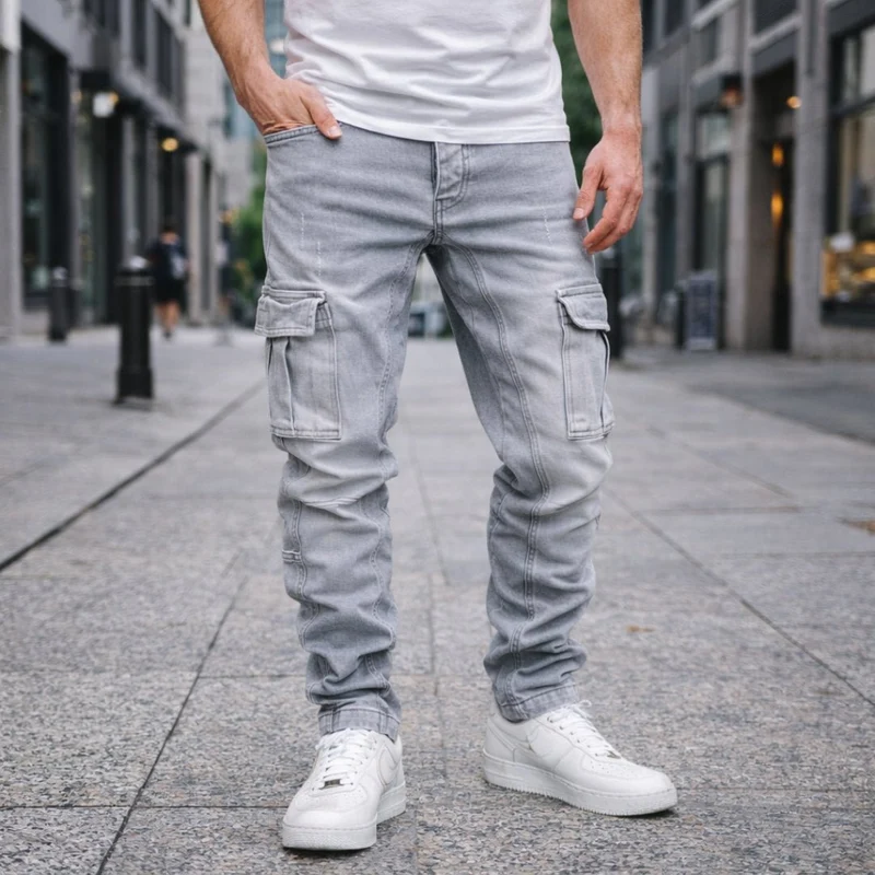 Ljusgråa Jeans Regular Slim med benfickor - 7977