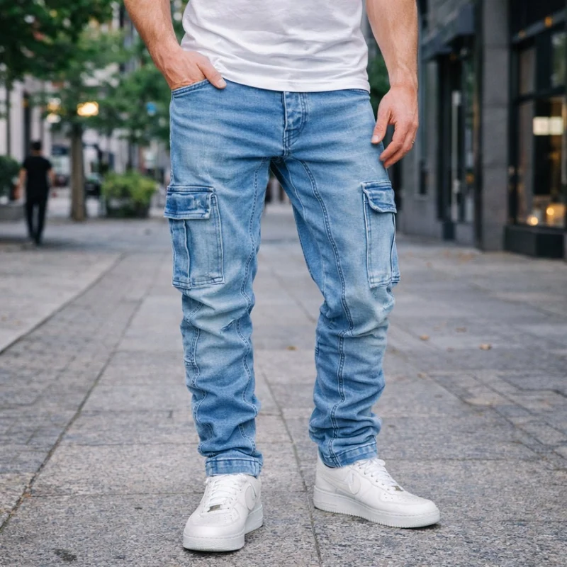 Ljusblåa jeans Regular slim med benfickor - 7977