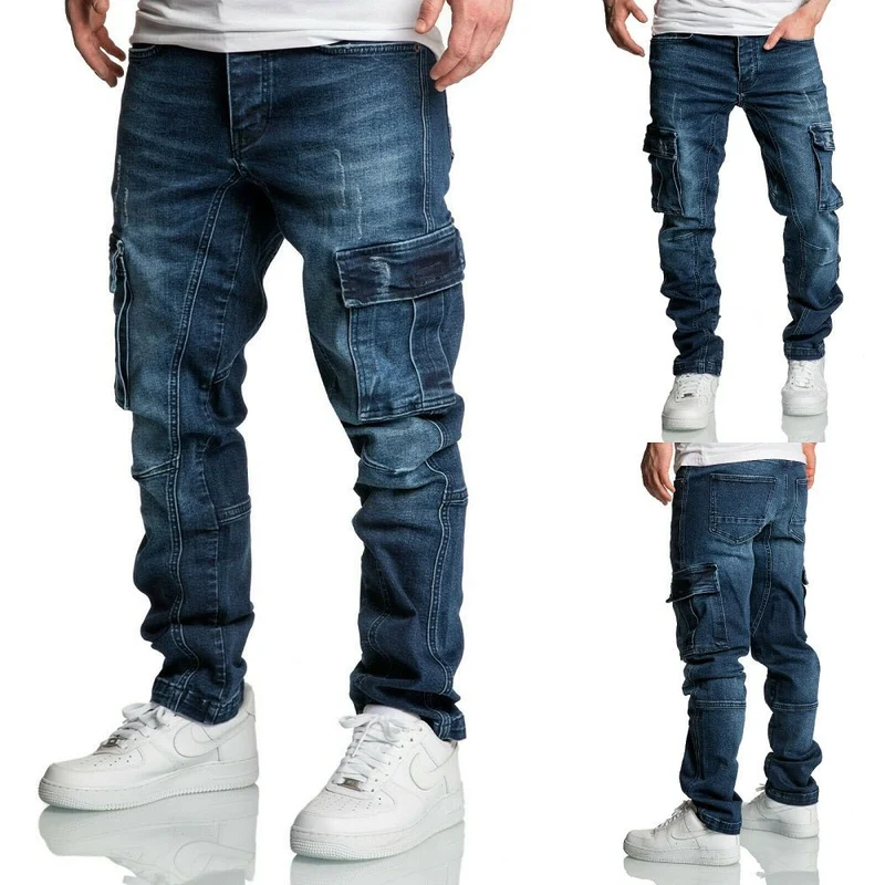 Mörkblå jeans Regular slim med benfickor - 7977