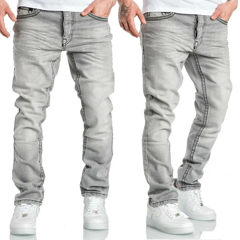 Ljusgrå Jeans herr regular fit tjocka sömmar