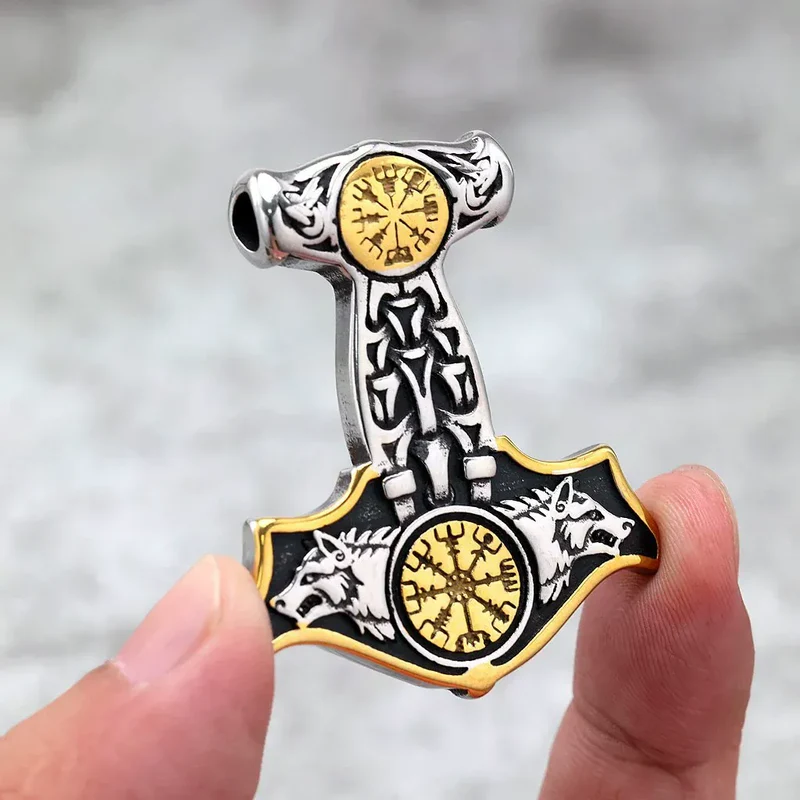Herrhalsband med punkvikingmotiv och varghuvud, Mjölner