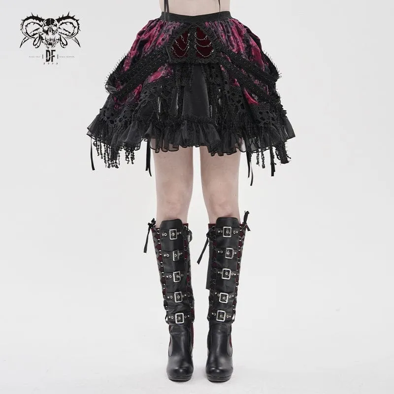 Gotisk Kjol Med Kedjor, Layered Tassels, Svart-Röd, Dam