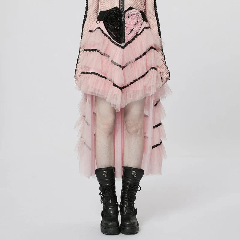 Dam Gotisk Oregelbunden Layered Mesh Kjol Rosa