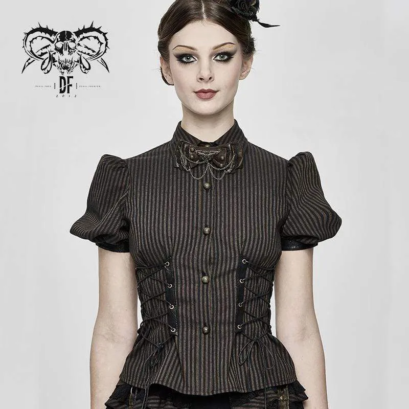 Steampunk kortärmade skjortor med snörning för kvinnor