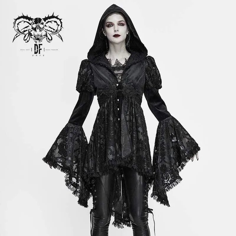 Gothic Flare Sleeve, blommiga meshjackor för kvinnor med huva